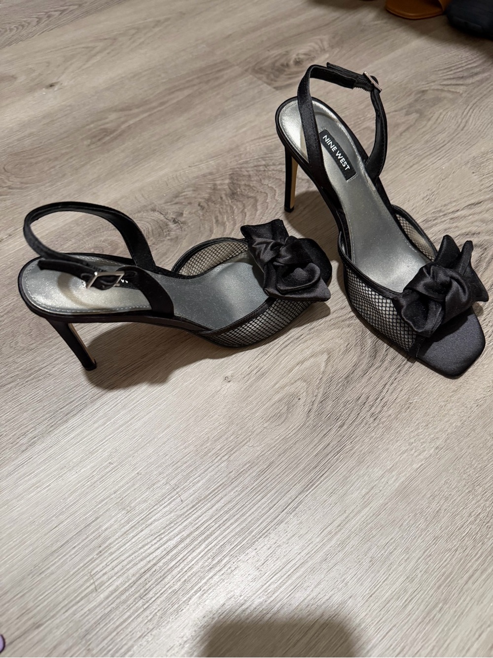 Nine West Black Mesh Slingback Heels with Bow Accent